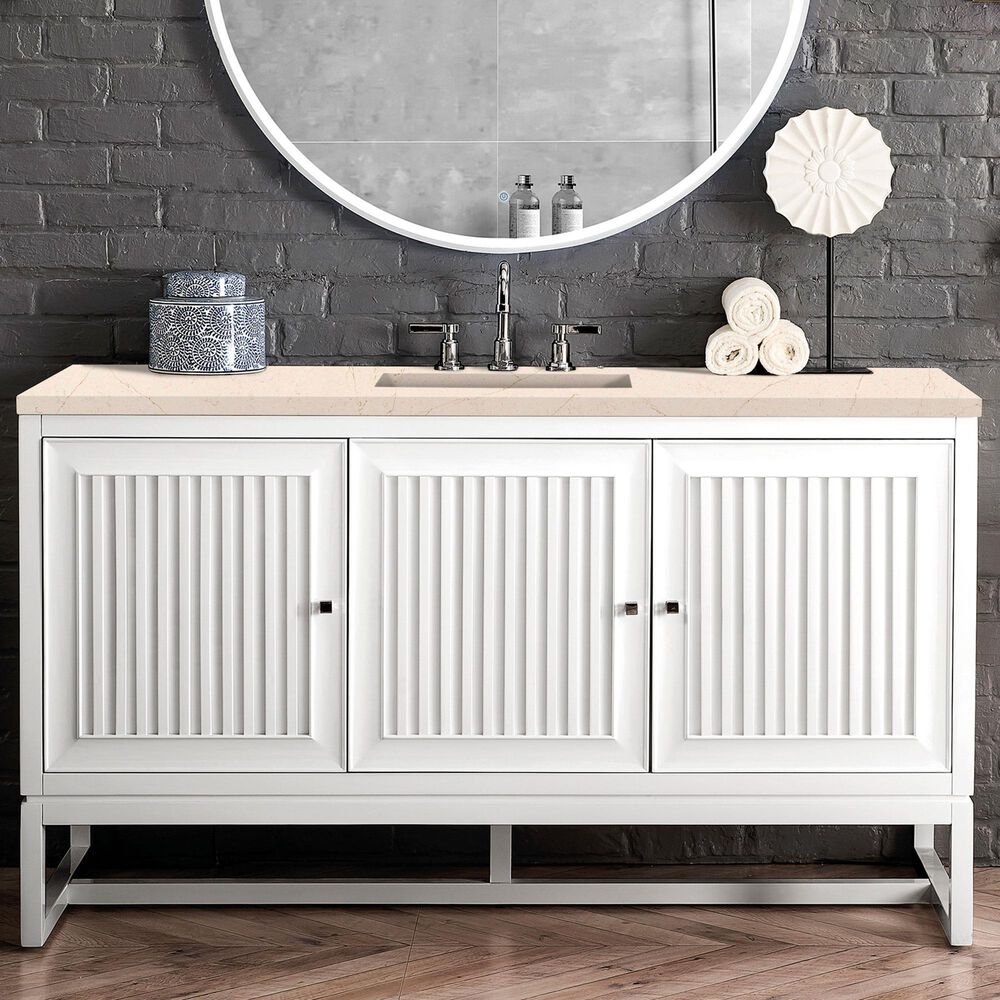 James Martin Vanities Athens 60&quot; Single Bathroom Vanity in Glossy White with 3 cm Carrara White Marble Top and Rectangular Sink, , large