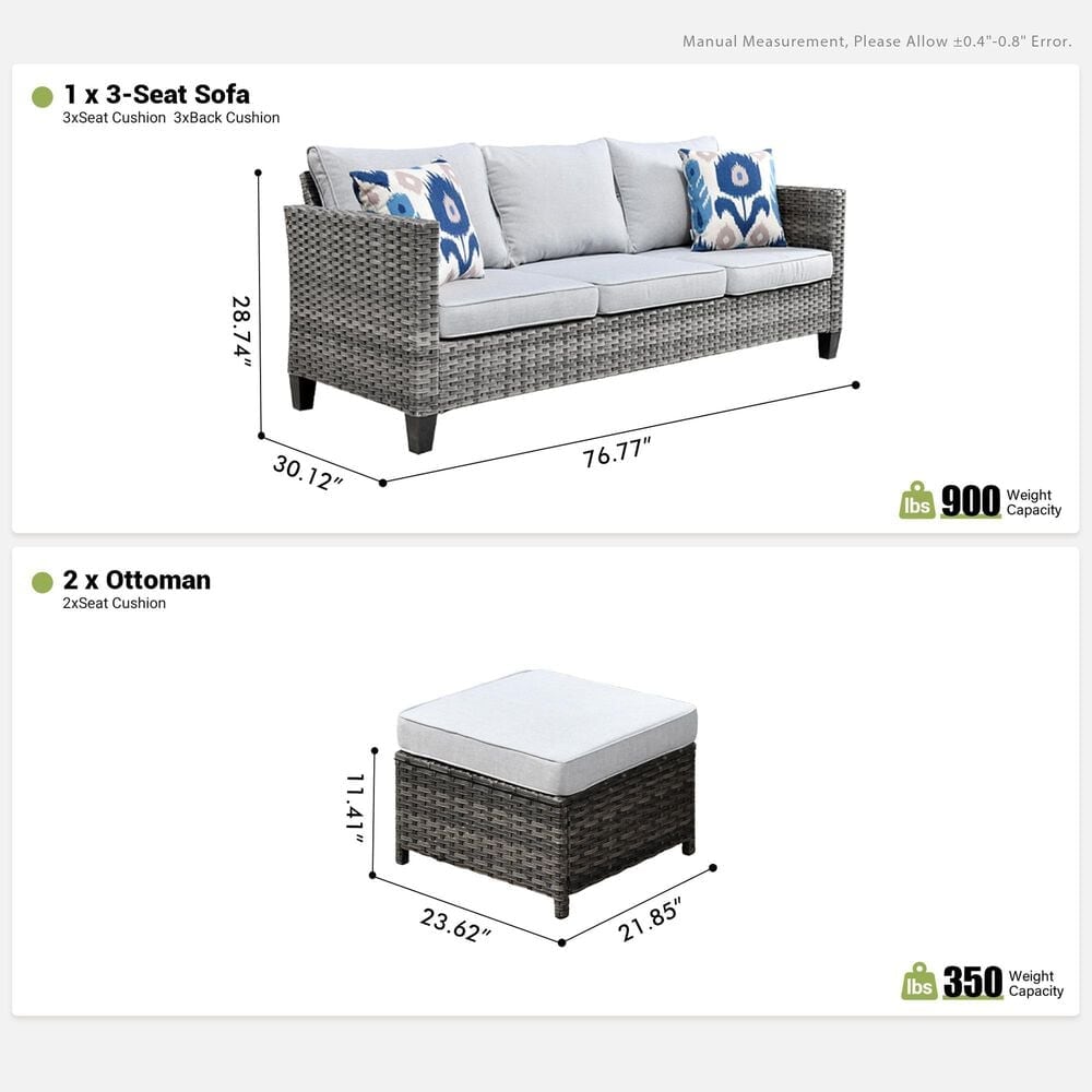 HOMLUX 3-Piece Modular Outdoor Sofa Set with Two Ottomans in Gray, , large