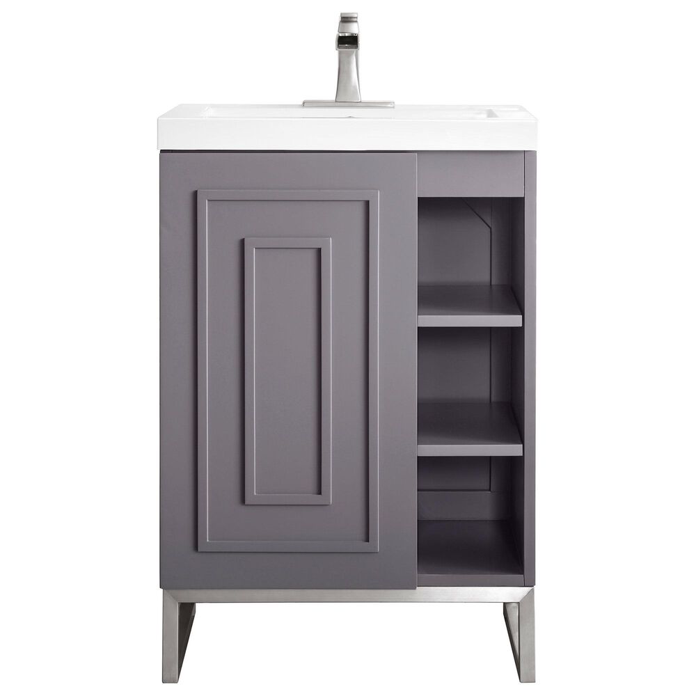 James Martin Vanities Alicante 24" Single Bathroom Vanity in Grey Smoke and Brushed Nickel with 5 cm White Glossy Resin Top and Rectangular Sink, , large