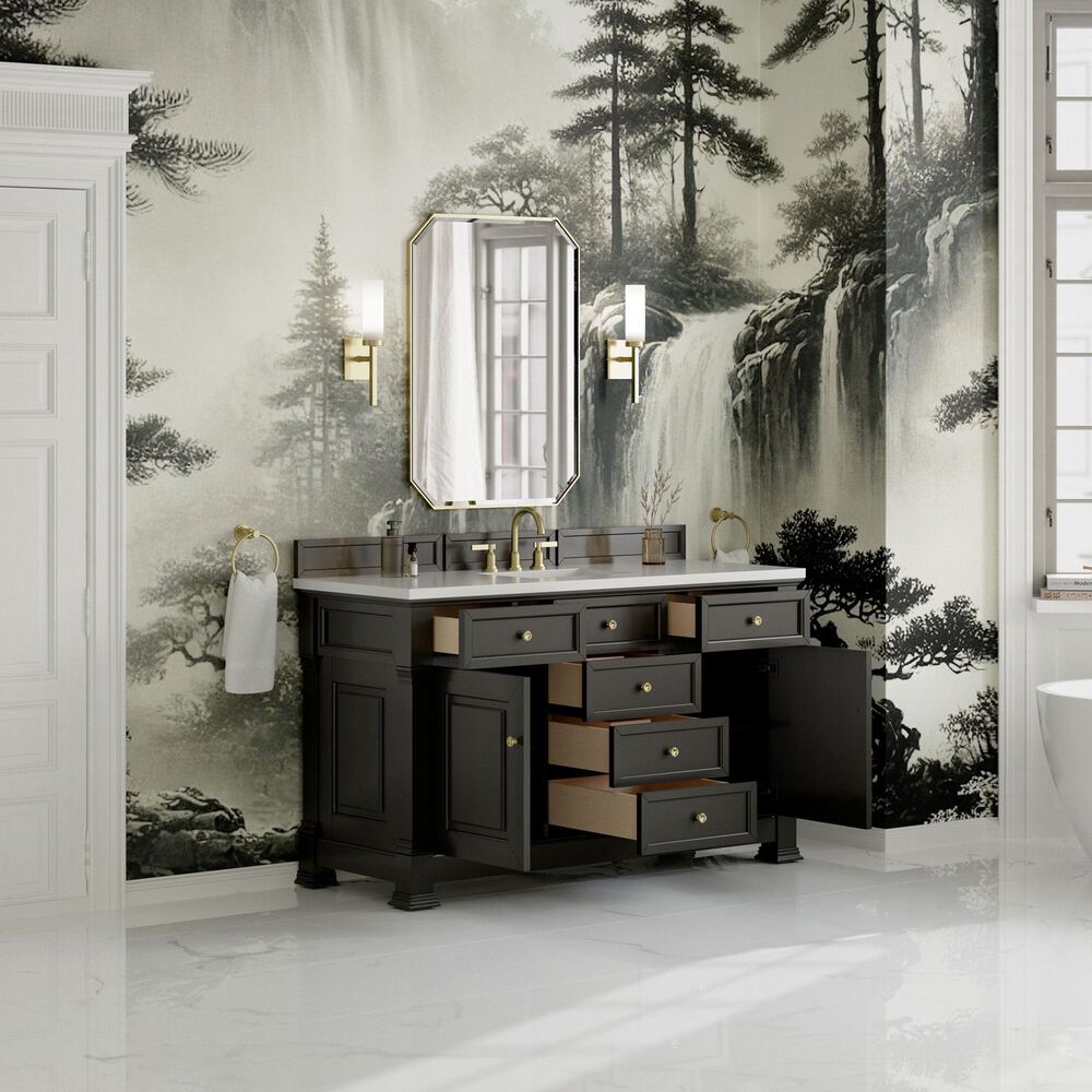 James Martin Vanities Brookfield 60&quot; Single Bathroom Vanity in Black Onyx with 3 cm White Zeus Quartz Top and Rectangular Sink, , large