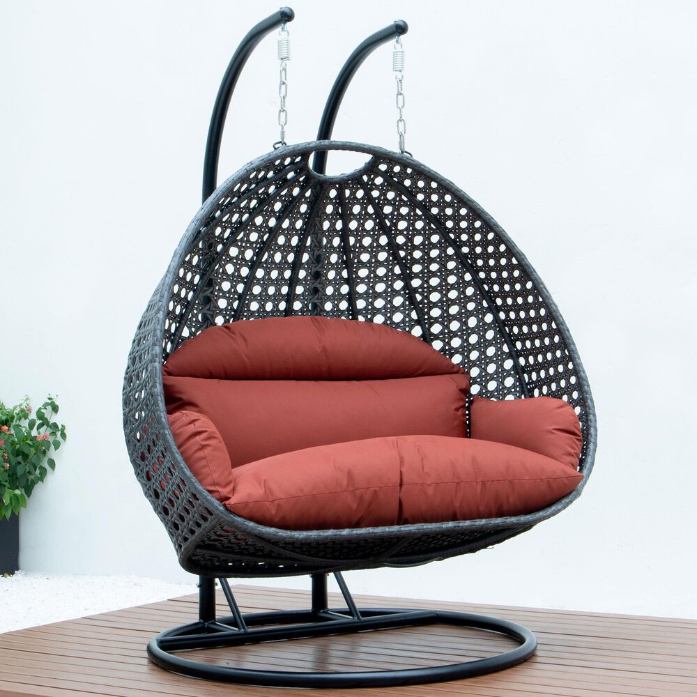 Leisuremod Patio 2-Seat Hanging Egg Swing Chair with Dark Orange Cushion in Charcoal, , large