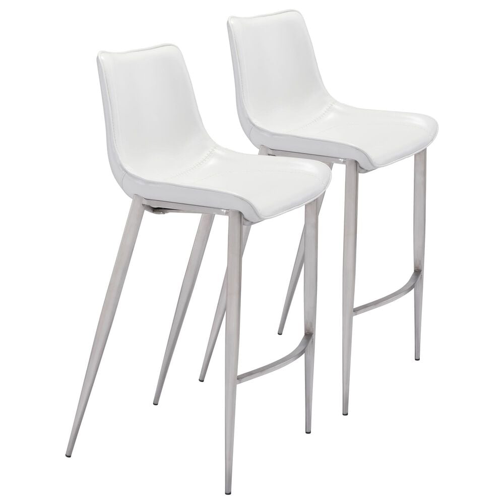 Zuo Modern Magnus Bar Stool in White and Silver (Set of 2), , large