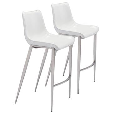 Zuo Modern Magnus Bar Stool in White and Silver (Set of 2), , large