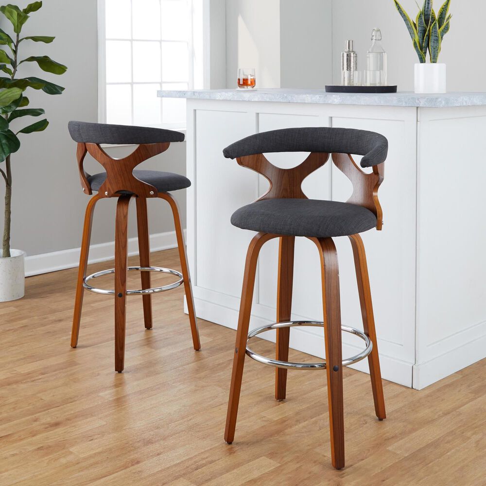LumiSource Gardenia Swivel Fixed-Height Bar Stool with Charcoal Fabric Upholstery in Chrome and Walnut (Set of 2), , large