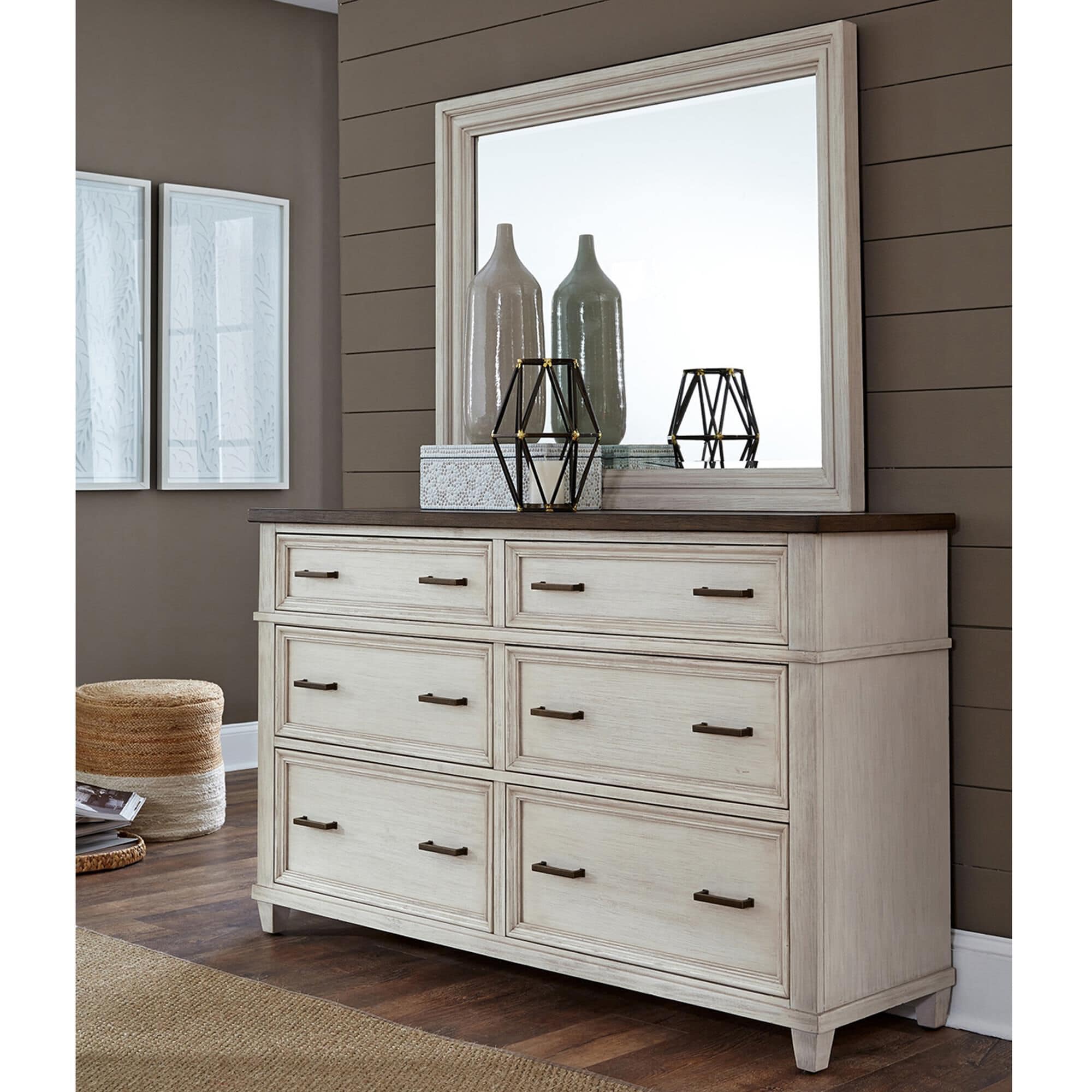Riva Ridge Caraway 6-Drawer Dresser and Mirror in Aged Ivory and Brown