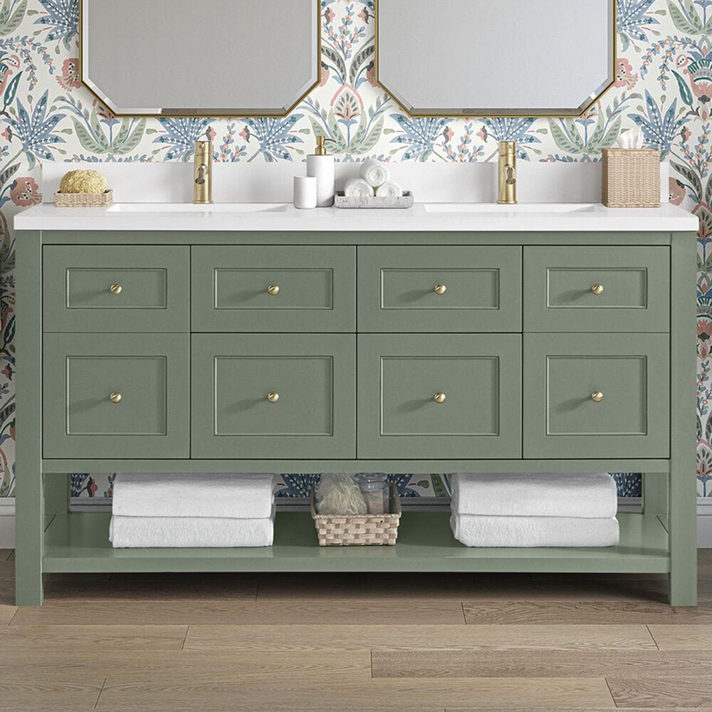James Martin Vanities Breckenridge 60&quot; Double Bathroom Vanity in Smokey Celadon with Single Hole 3 cm White Zeus Quartz Top and Rectangular Sinks, , large