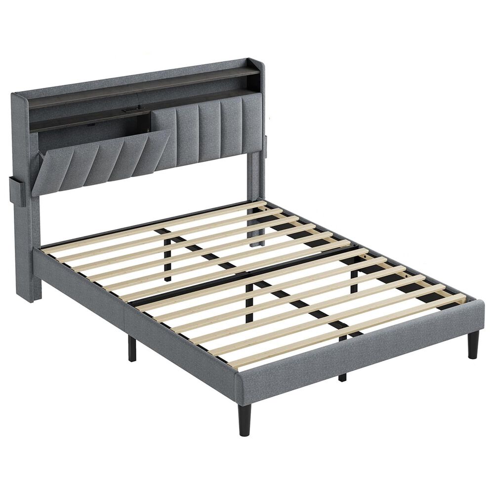 HOMLUX Full Storage Platform Bed with LED Headboard with Charging Station in Gray, , large