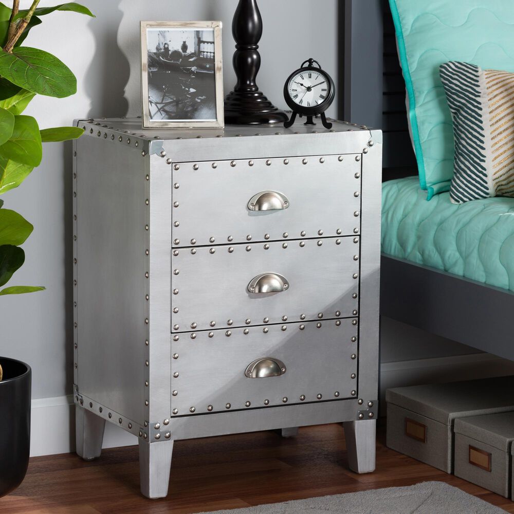 Baxton Studio Claude 3-Drawer Nightstand in Silver, , large