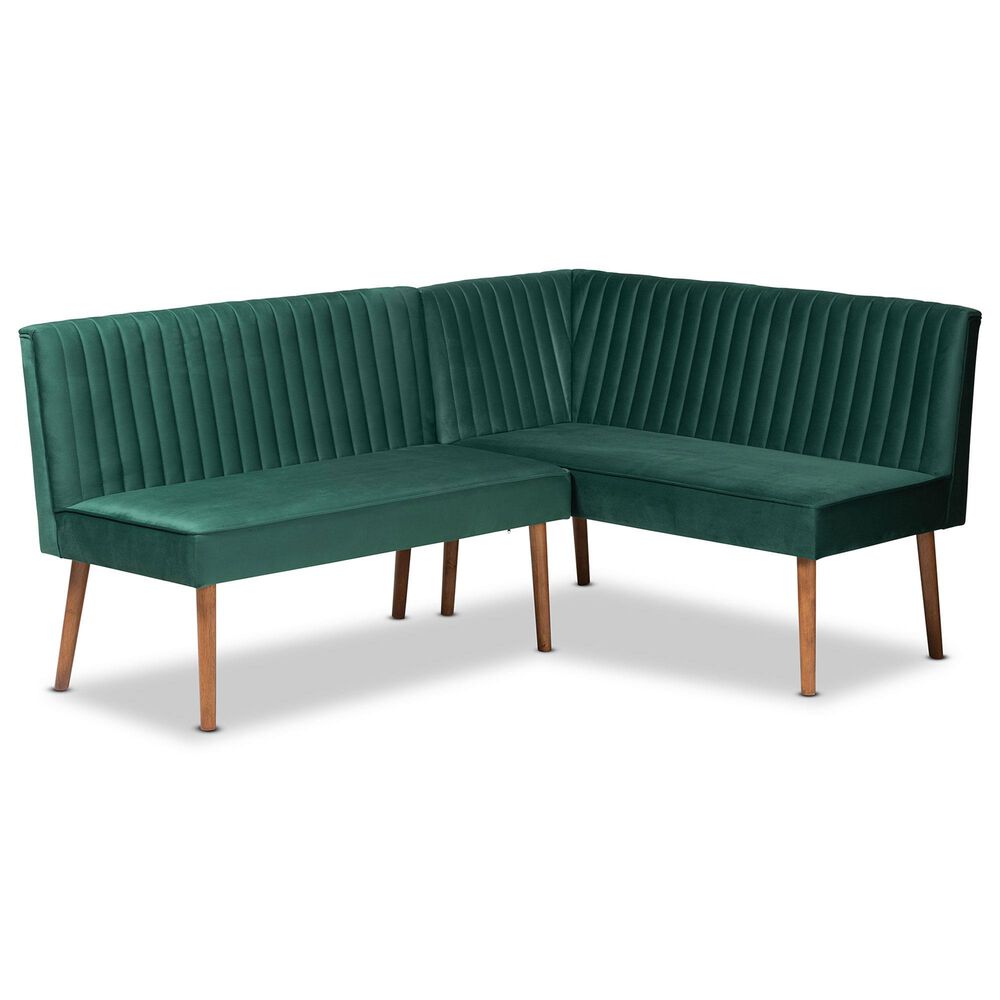 Baxton Studio Alvis 2-Piece Dining Nook Banquette Set with Green Velvet in Walnut Brown, , large