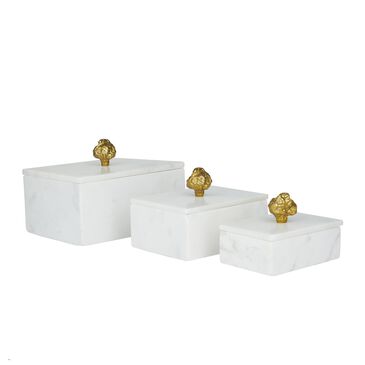 Maple and Jade 3-Piece Decorative Box Set with Finial in Polished White and Metallic Gold, , large