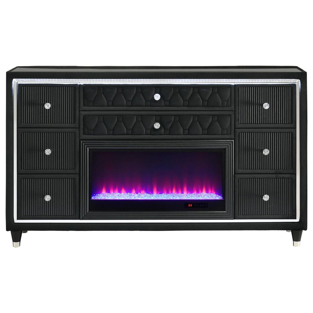 Pacific Landing Lorient 3 Piece Queen Wingback Bedroom Set with Fireplace in Black Velvet, , large