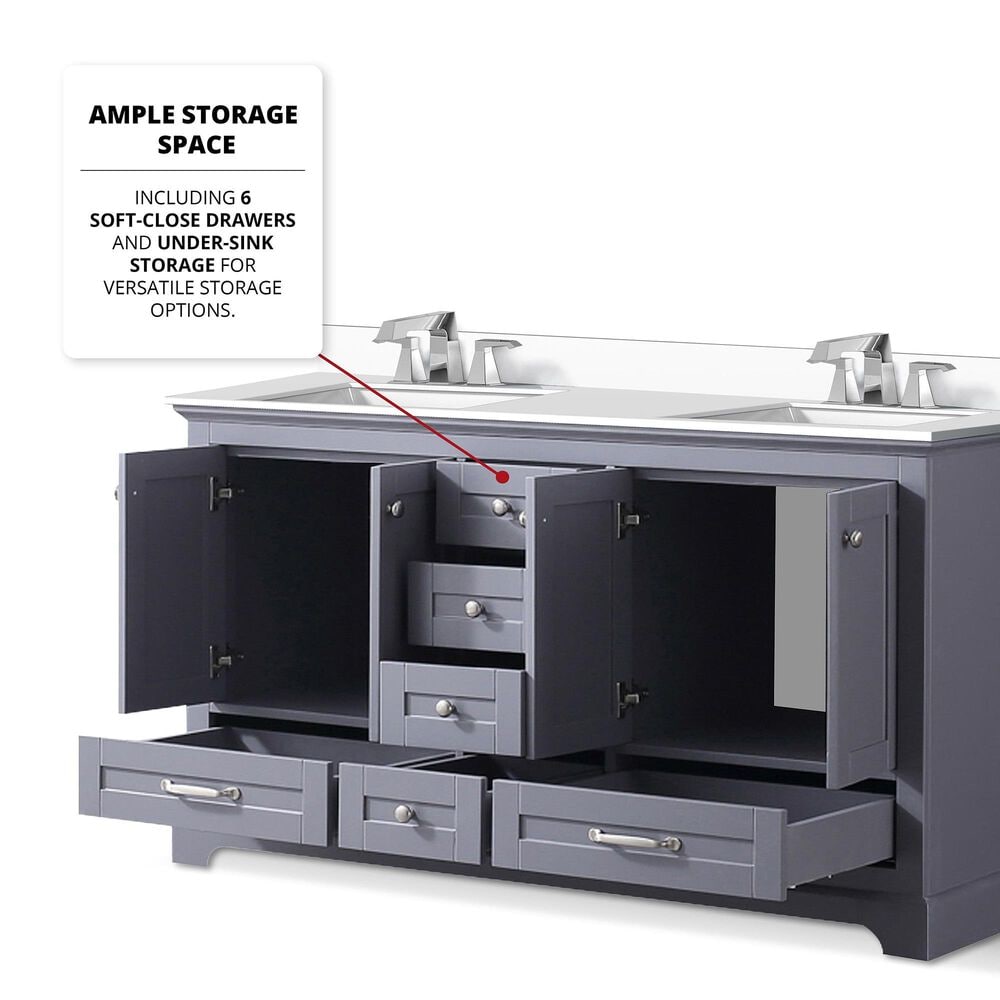 Lexora Home Dukes 60" Double Bathroom Vanity in Dark Grey with White Quartz Top and Rectangular Sinks, , large