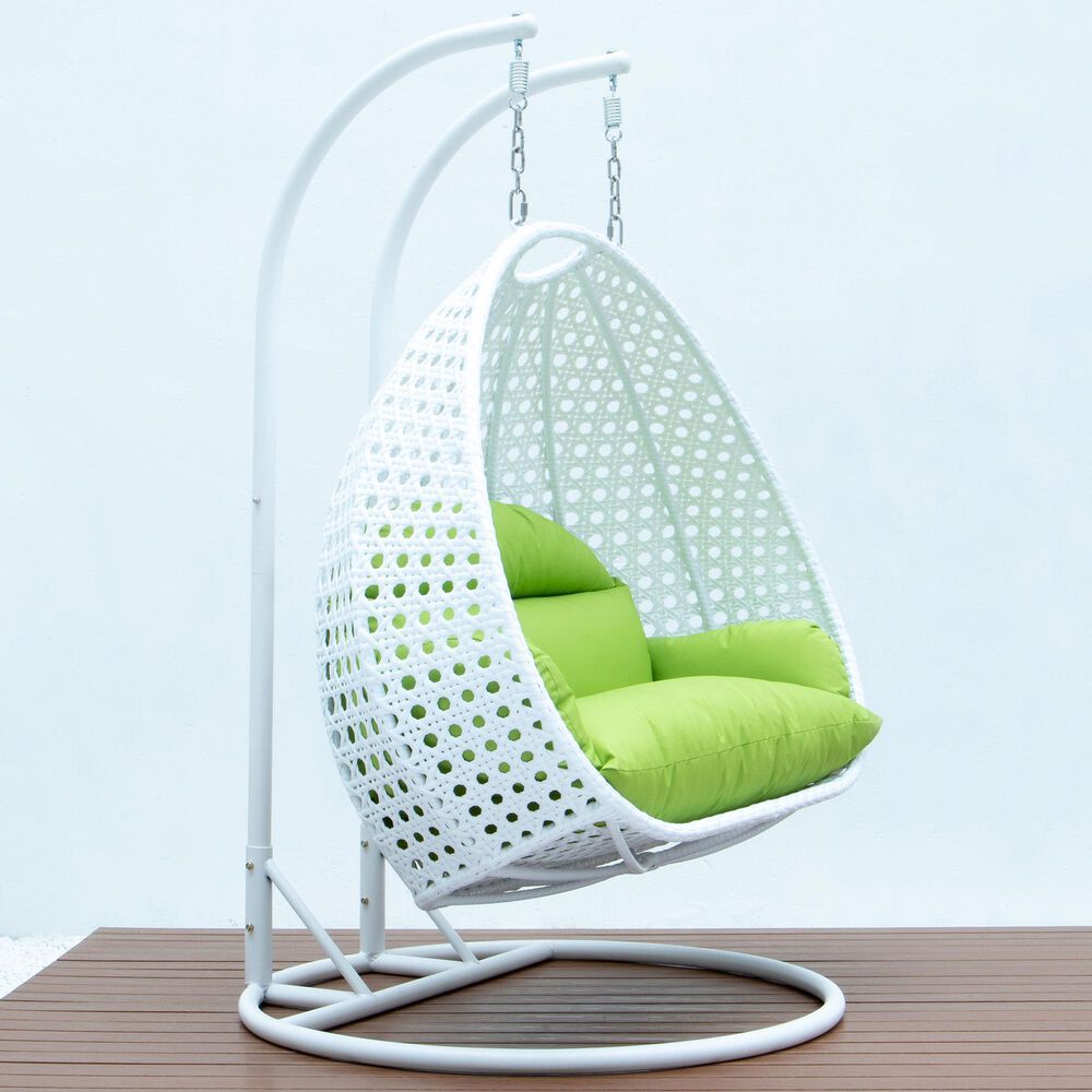 Leisuremod 2-Seat Hanging Egg Swing Chair with Light Green Cushion in White, , large