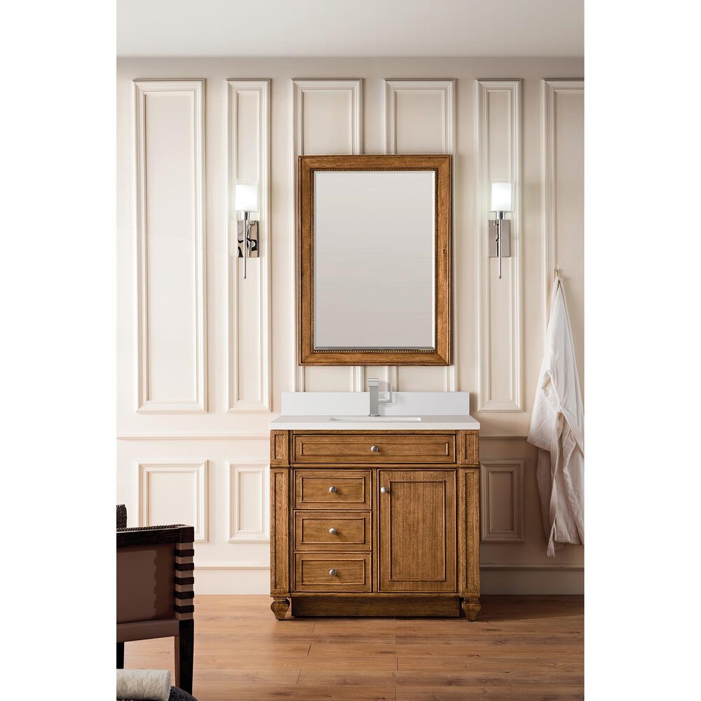 James Martin Vanities Bristol 36" Single Bathroom Vanity in Saddle Brown with Single Hole 3 cm White Zeus Quartz Top and Rectangular Sink, , large