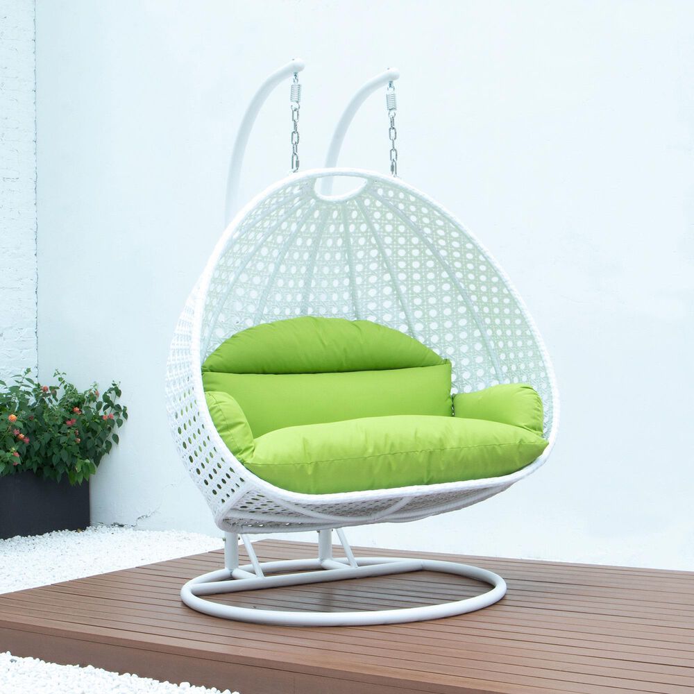 Leisuremod 2-Seat Hanging Egg Swing Chair with Light Green Cushion in White, , large