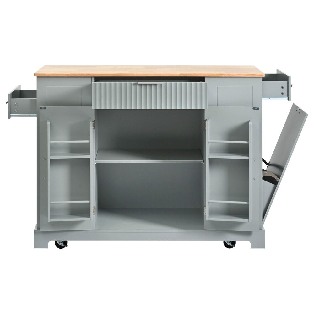 HOMLUX 47" Fluted Kitchen Island with Trash Can Storage Cabinet in Grey, Blue and Natural, , large