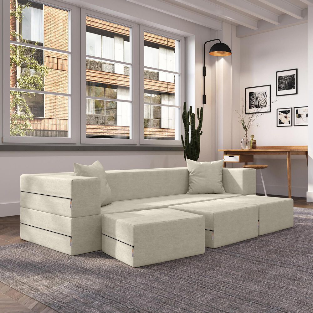 Jaxx Zipline 3-Piece Stationary Convertible Sleeper Sofa in Ivory Velvet, , large