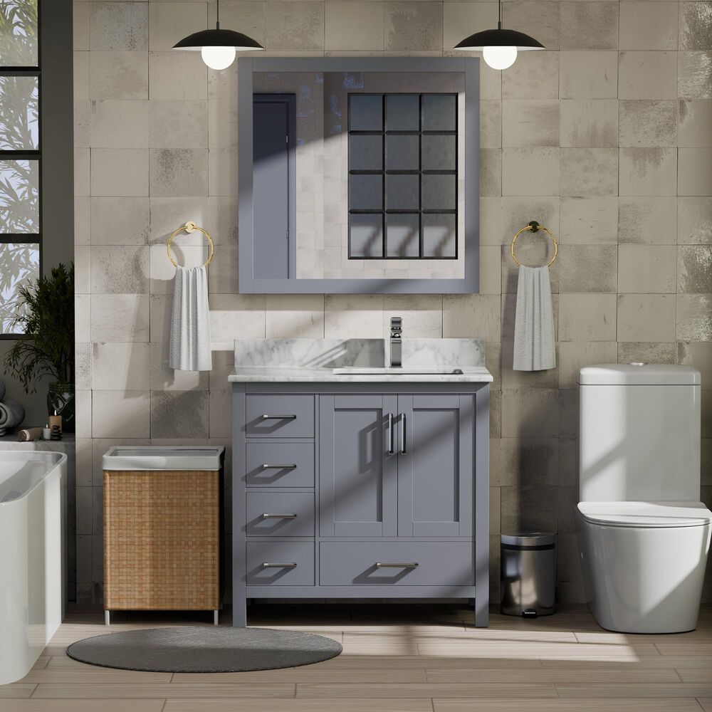 Lexora Home Jacques 36&quot; Right Offset Single Bathroom Vanity in Dark Grey with 2 cm White Carrara Marble Top and Rectangular Sink, , large
