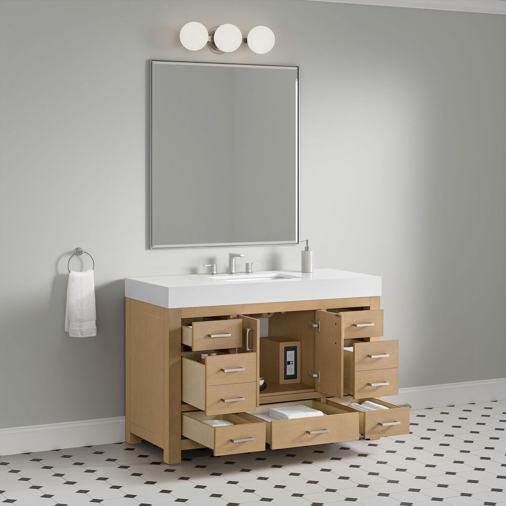 37B Alanya 48" Single Bathroom Vanity in Warm Oak with White Composite Stone Top, , large