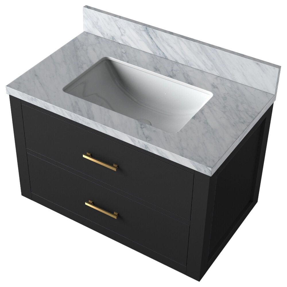 Lexora Home Castor 30&quot; Single Bathroom Vanity in Black with 2 cm White Carrara Marble Top and Rectangular Sink, , large