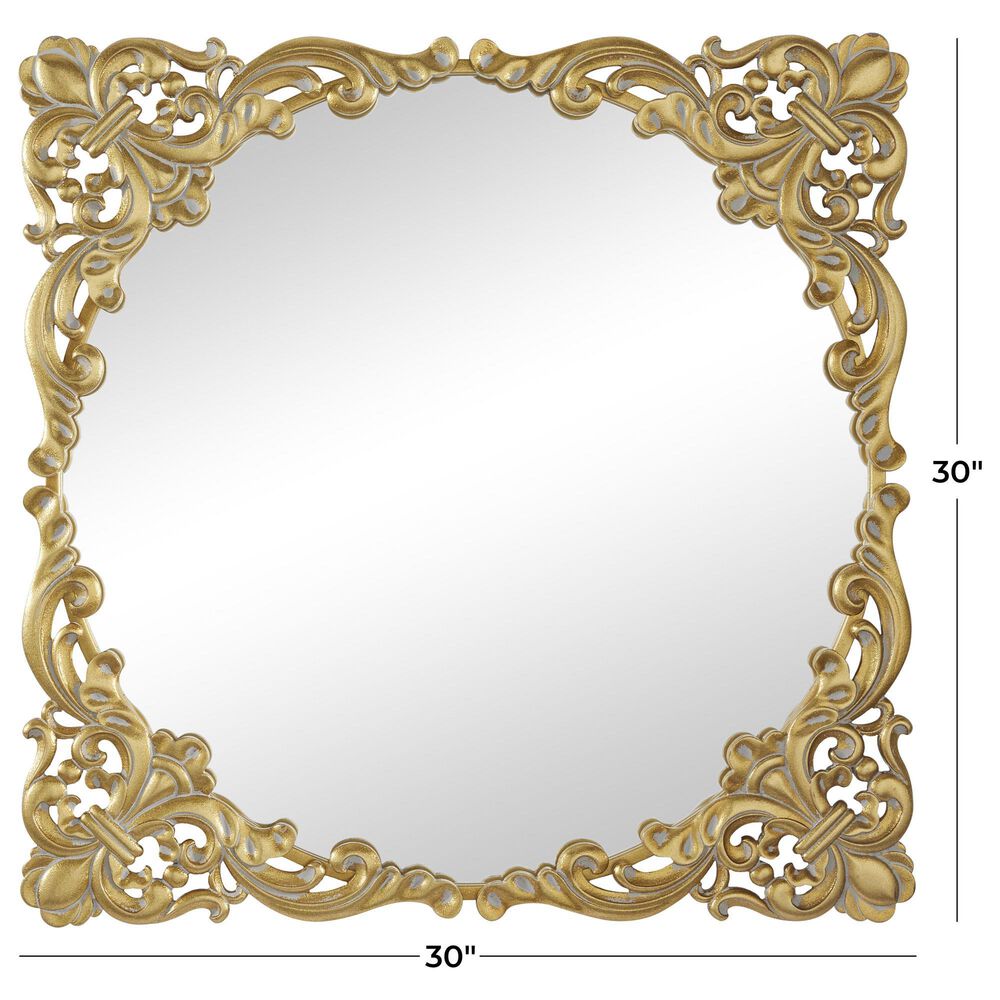 Maple and Jade 30&quot; Square Ornate Baroque Floral Wall Mirror with Distressed Details in Satin Gold, , large