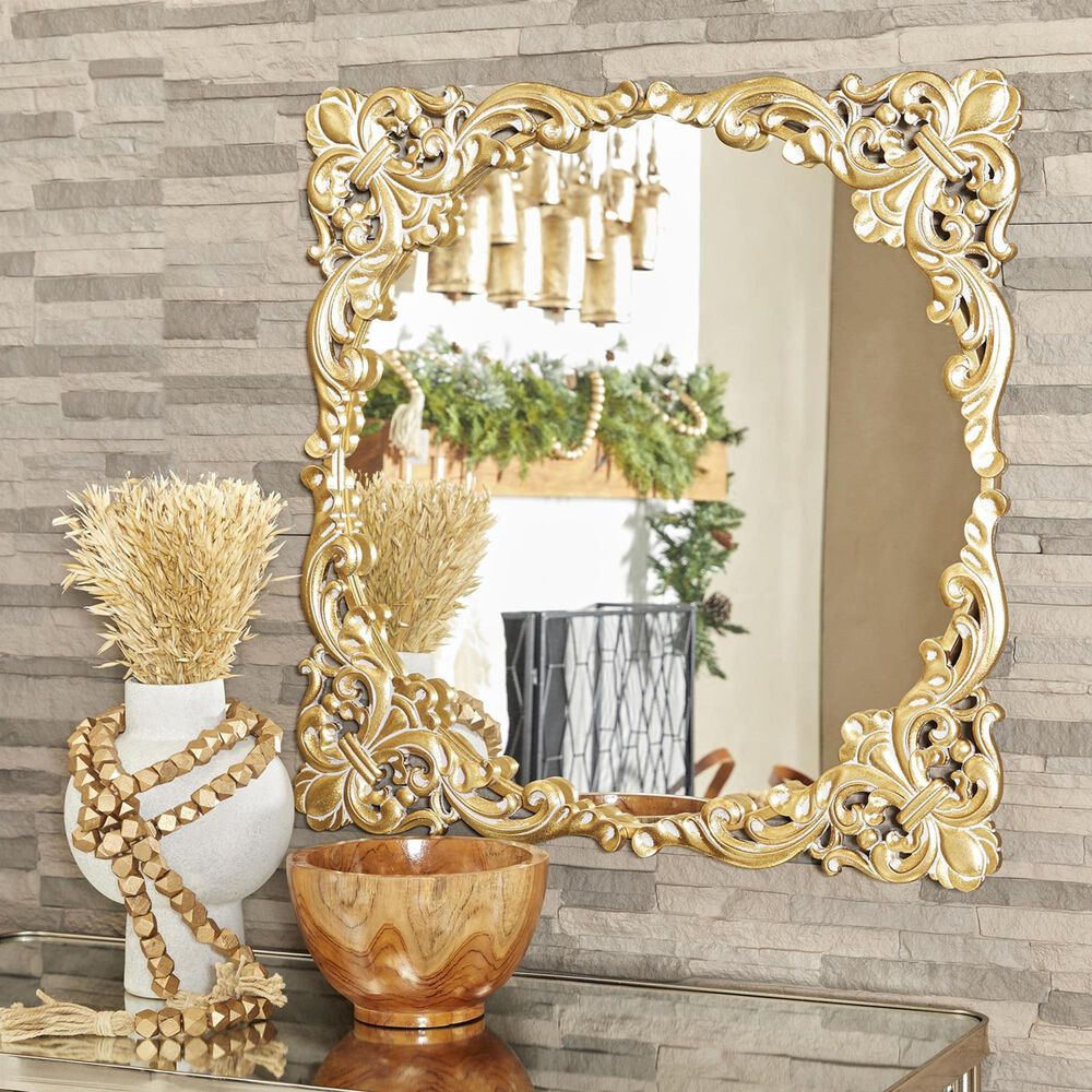 Maple and Jade 30&quot; Square Ornate Baroque Floral Wall Mirror with Distressed Details in Satin Gold, , large