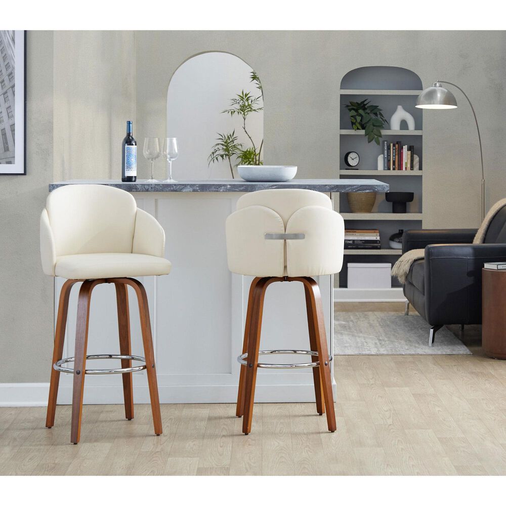 LumiSource Dahlia Swivel Bar Stool with Cream Faux Leather Upholstery in Walnut and Chrome (Set of 2), , large