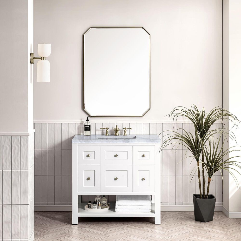 James Martin Vanities Breckenridge 36&quot; Single Bathroom Vanity in Bright White with 3 cm Carrara White Marble Top and Rectangular Sink, , large