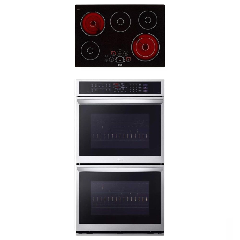 LG 2-Piece Kitchen Package with 9.4 Cu. Ft. Double Wall Oven and 30" Electric Cooktop in Print Proof Stainless Steel and Black, , large