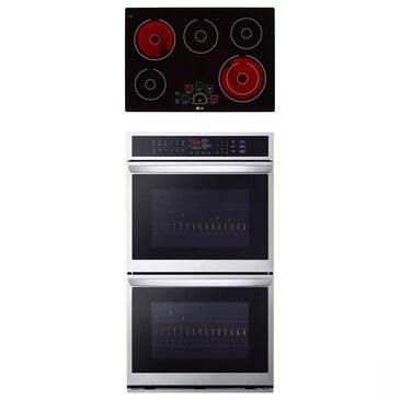 LG 2-Piece Kitchen Package with 9.4 Cu. Ft. Double Wall Oven and 30" Electric Cooktop in Print Proof Stainless Steel and Black, , large