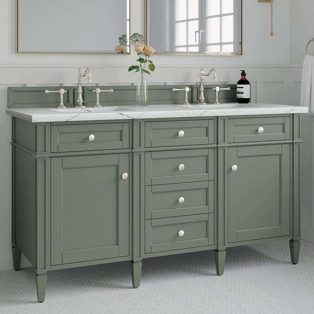 James Martin Vanities Brittany 60&quot; Double Bathroom Vanity in Smokey Celadon with 3 cm Ethereal Noctis Quartz Top and Rectangular Sinks, , large