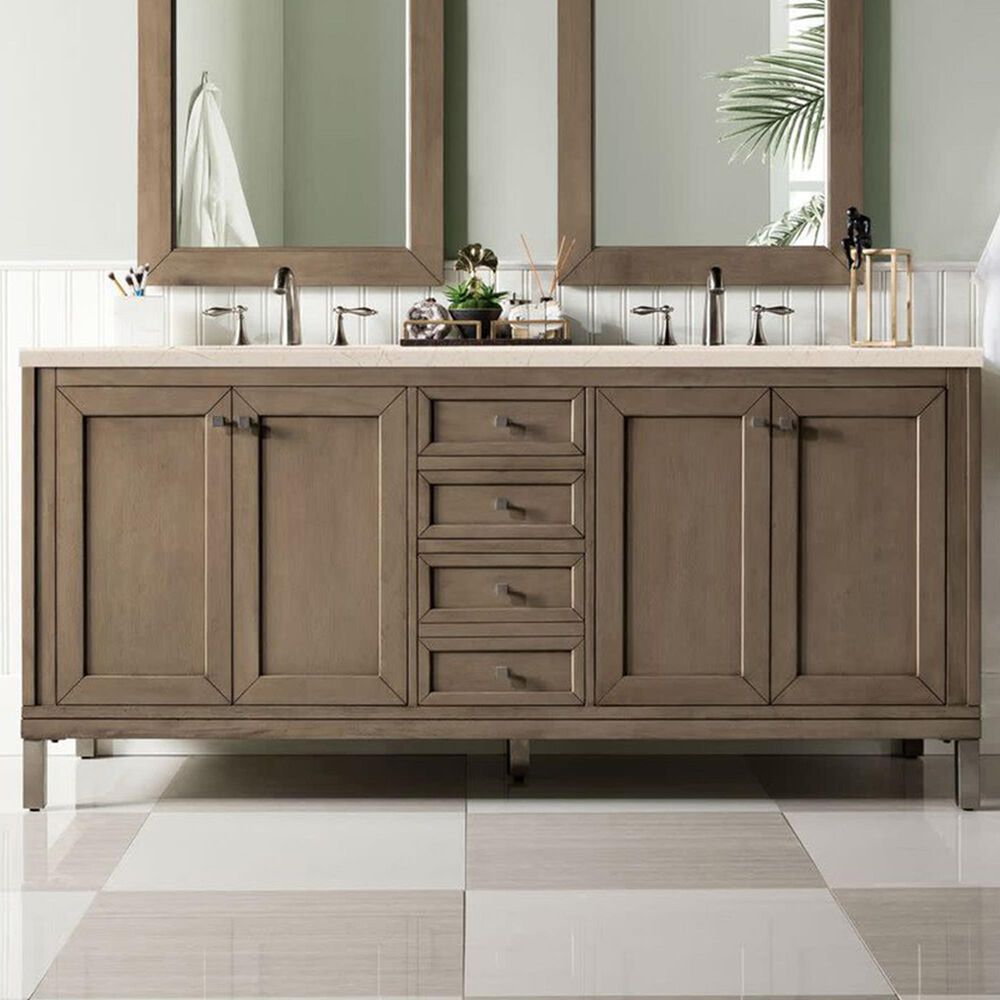 James Martin Vanities Chicago 72&quot; Double Bathroom Vanity in Whitewashed Walnut with 3 cm Eternal Marfil Quartz Top and Rectangular Sinks, , large