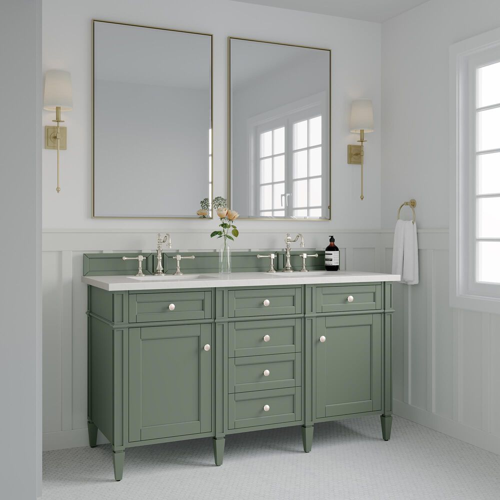 James Martin Vanities Brittany 60&quot; Double Bathroom Vanity in Smokey Celadon with 3 cm White Zeus Quartz Top and Rectangular Sinks, , large