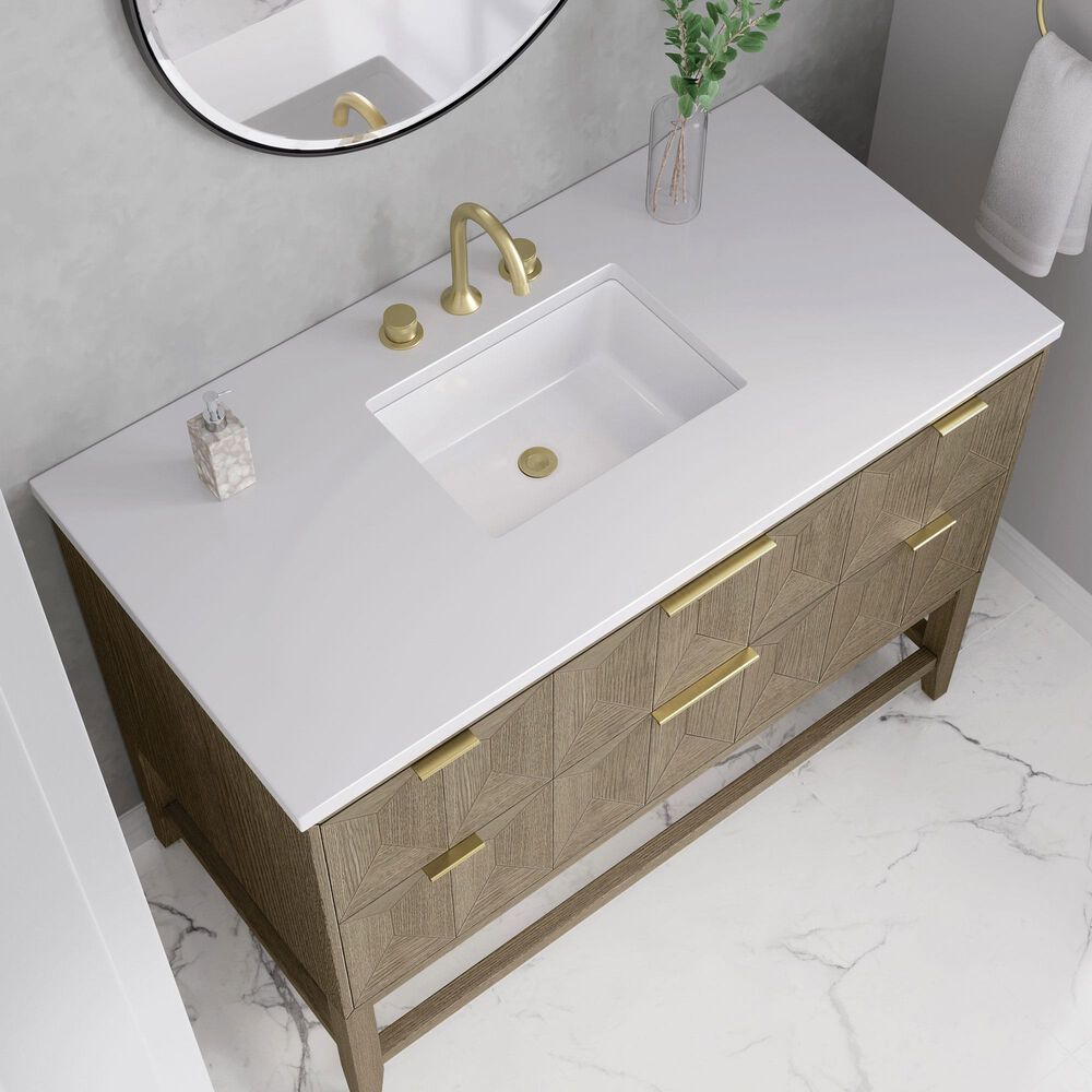 James Martin Vanities Emmeline 48&quot; Single Vanity in Pebble Oak with 3 cm White Zeus Quartz Top, , large