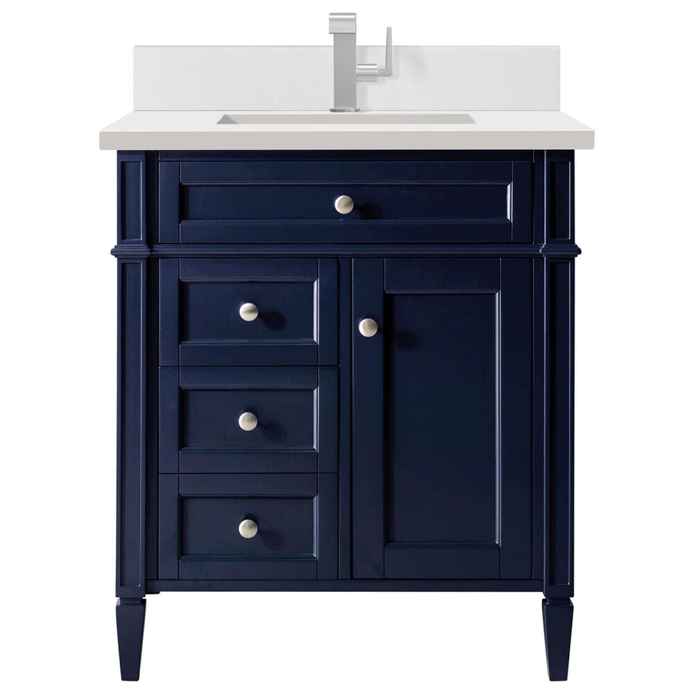James Martin Vanities Brittany 30" Single Bathroom Vanity in Victory Blue with Single Hole 3 cm White Zeus Quartz Top and Rectangular Sink, , large