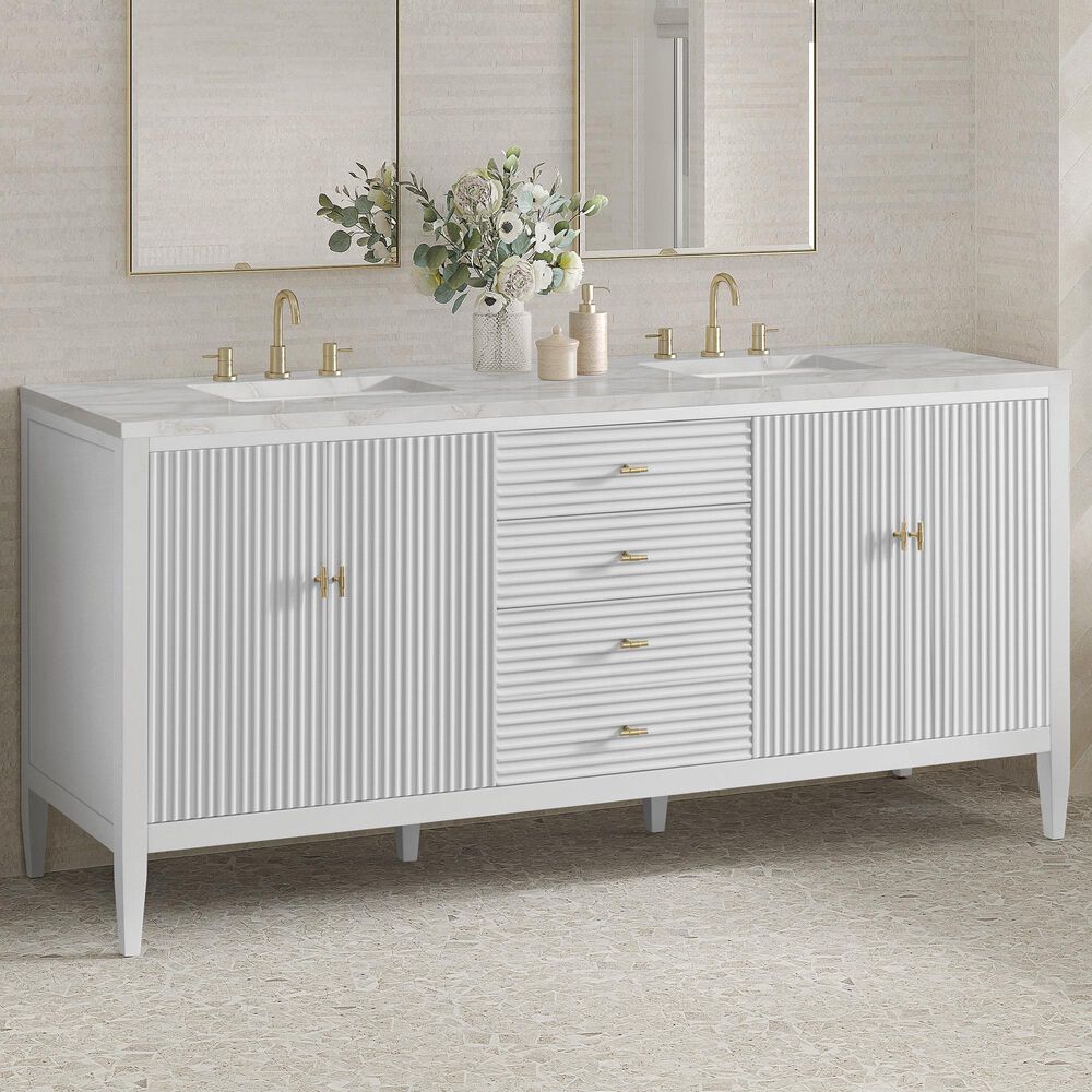 James Martin Vanities Myrrin 72" Double Bathroom Vanity in Bright White with 3 cm Eternal Jasmine Pearl Silestone Top, Rectangular Sinks and FreePower Wireless Charger, , large