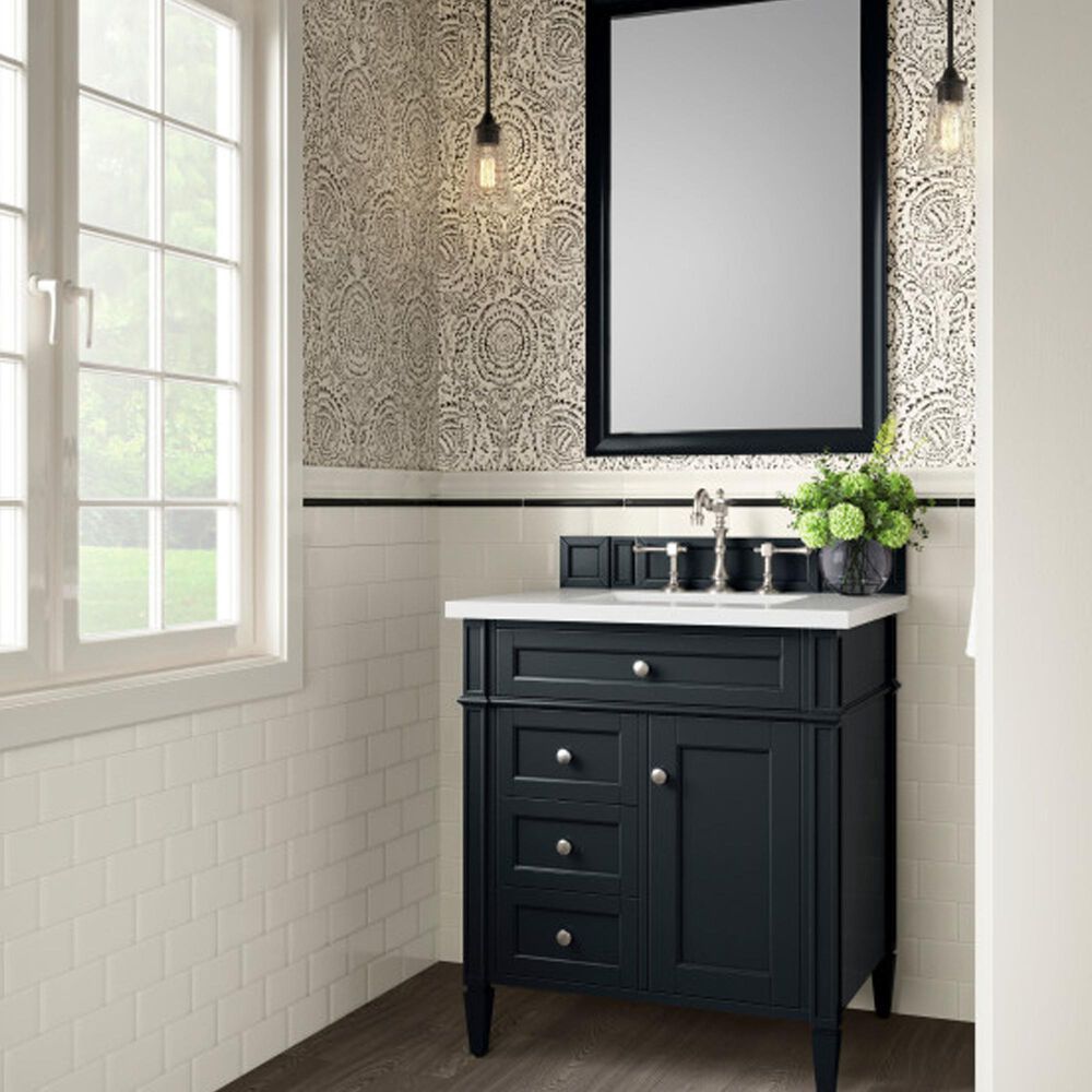 James Martin Vanities Brittany 30&quot; Single Bathroom Vanity in Black Onyx with 3 cm White Zeus Quartz Top and Rectangular Sink, , large