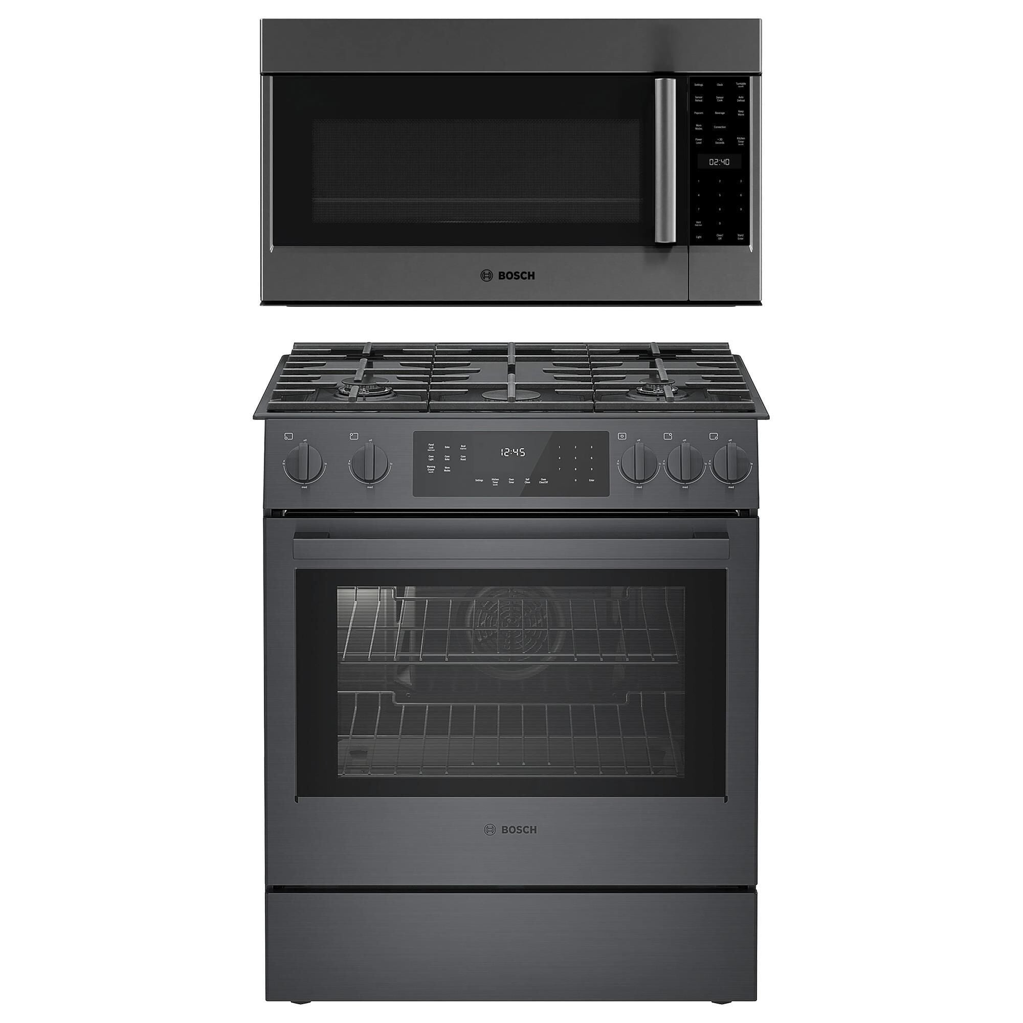 Bosch 800 Series 2 Piece Kitchen Package with 4.8 Cu. Ft. Gas Slide in Range and 1.9 Cu. Ft. Over The Range Microwave in Black Stainless Steel NFM