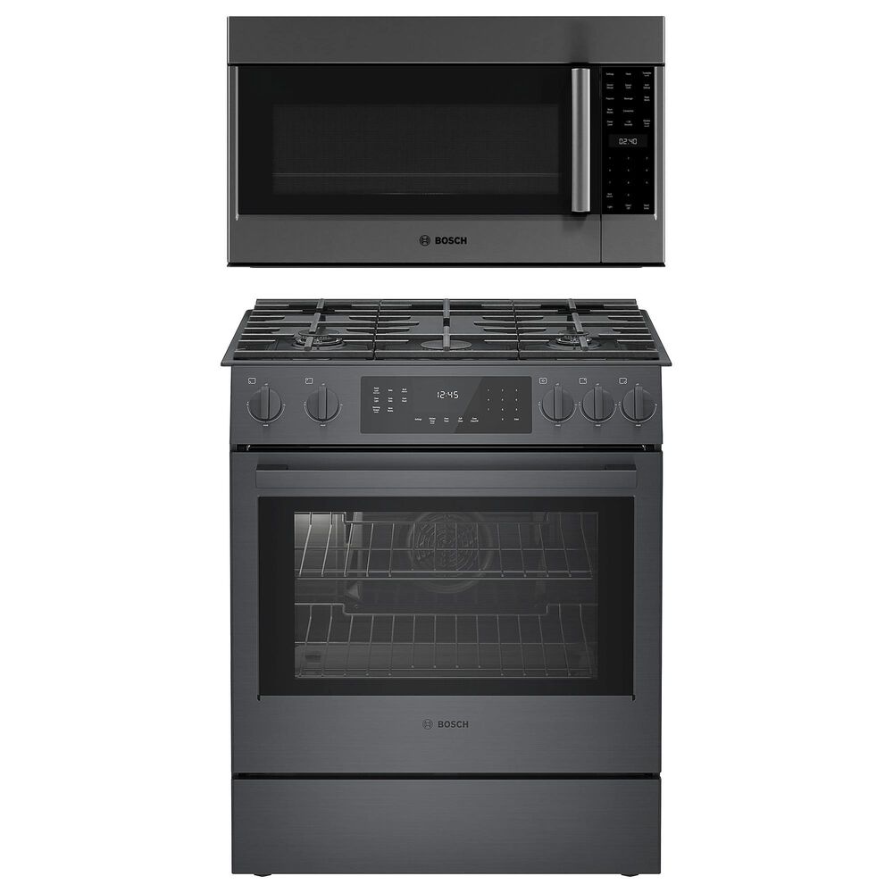 Bosch 800 Series 2-Piece Kitchen Package with 4.8 Cu. Ft. Gas Slide-in Range and 1.9 Cu. Ft. Over-The-Range Microwave in Black Stainless Steel, , large