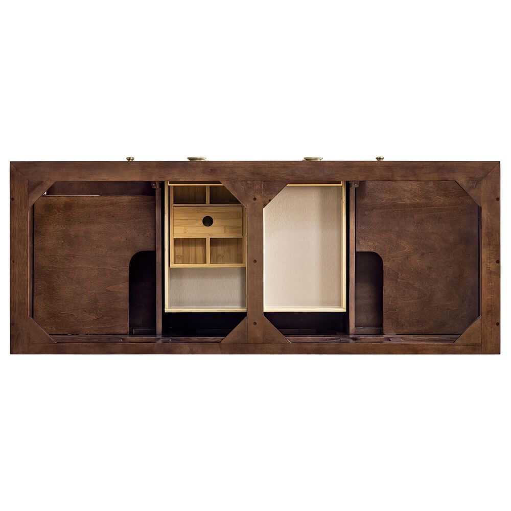 James Martin Vanities Amberly 60&quot; Double Bathroom Vanity in Mid-Century Walnut with 3 cm Parisien Bleu Quartz Top and Rectangular Sinks, , large