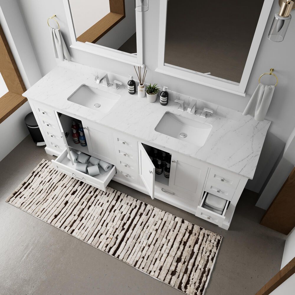 Lexora Home Dukes 84" Double Bathroom Vanity in White with 2 cm White Carrara Marble Top and Rectangular Sinks, , large