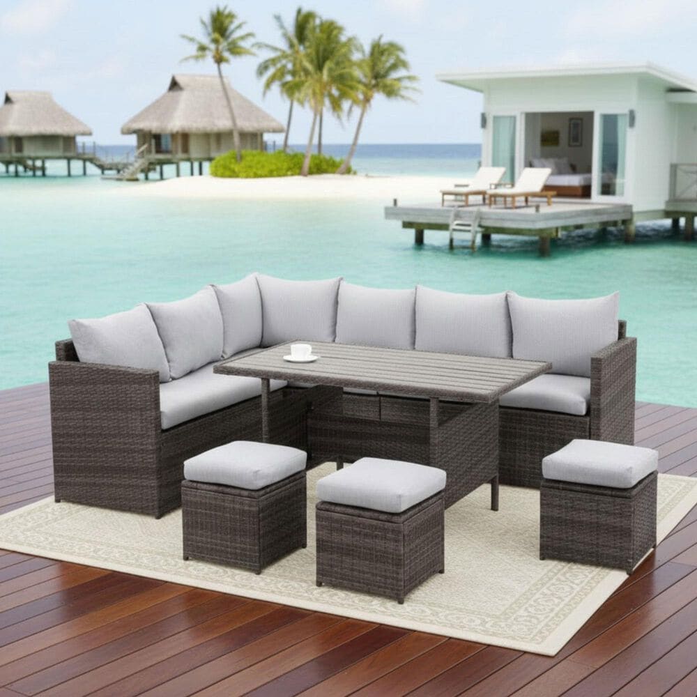 Hearth and Haven 7-Piece Outdoor Dining Set with Grey Cushion in Brown, , large
