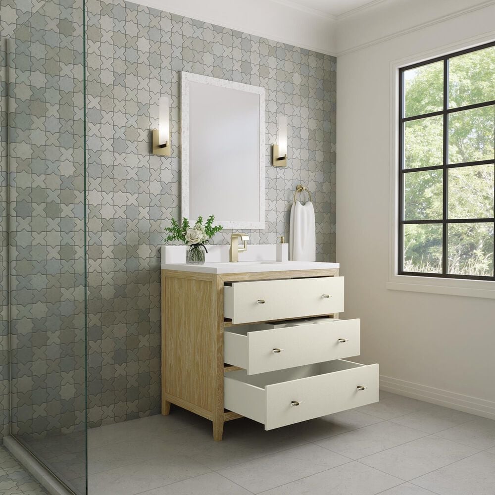 James Martin Vanities Celeste 36&quot; Single Vanity in Sun-washed Oak with Embossed Shagreen and with Single Hole 3 cm White Zeus Quartz Top &amp; Backsplash, , large