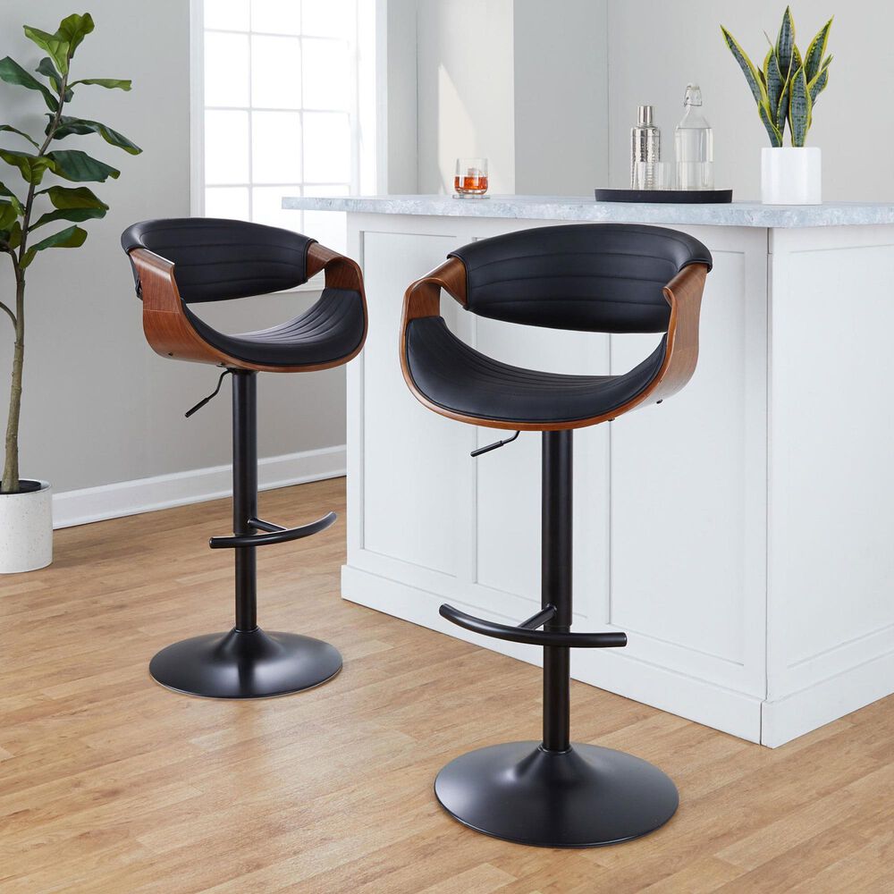 LumiSource Symphony Swivel Adjustable Bar Stool with Black Upholstery in Walnut and Black (Set of 2), , large