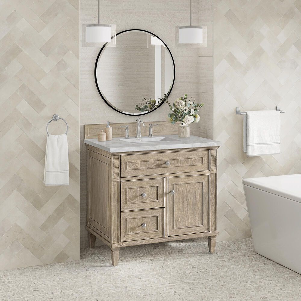 James Martin Vanities Lorelai 36&quot; Single Vanity in Whitewashed Oak with 3cm Victorian Silver Quartz Top, , large