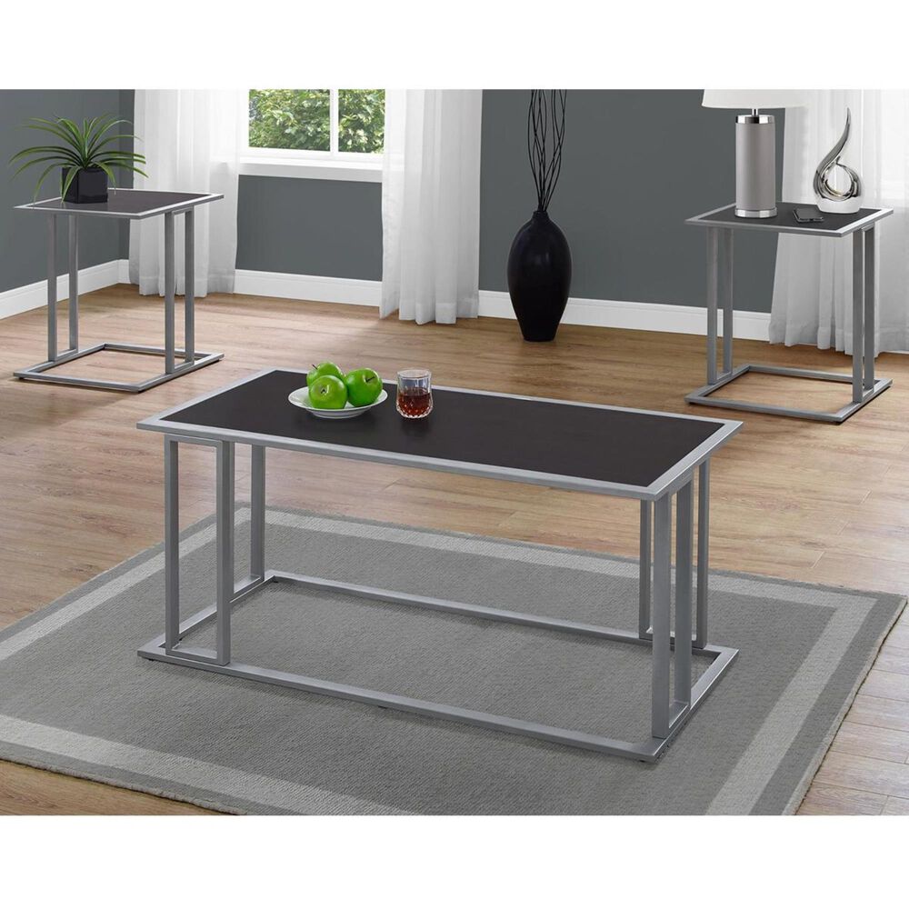Monarch Specialties 3-Piece Occasional Table Set in Cappuccino and Silver, , large