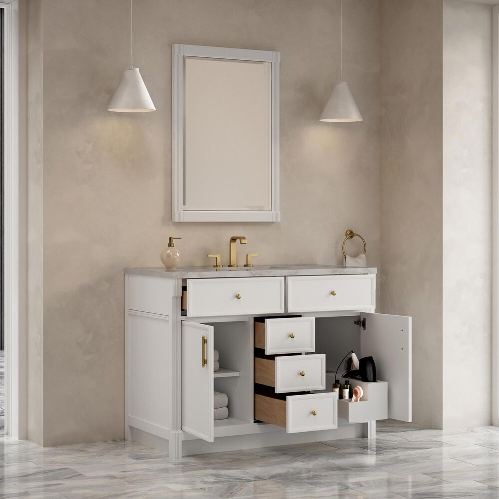 James Martin Bellshire 48" Single Bathroom Vanity in Bright White with 3 cm Victorian Silver Silestone Top, Rectangular Sink and FreePower Wireless Charger, , large
