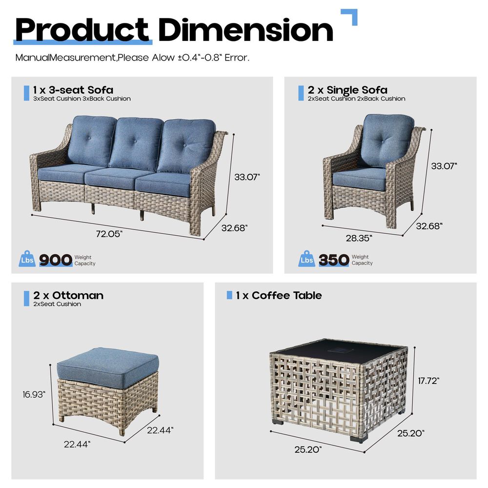 HOMLUX 6-Piece Patio Conversation Set with Coffee Table in Denim Blue, , large