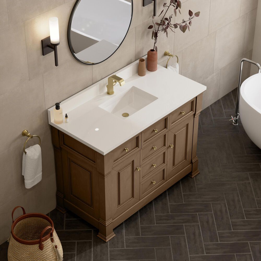 James Martin Vanities Brookfield 48&quot; Single Bathroom Vanity in Pecan with Single Hole 3 cm White Zeus Quartz Top and Rectangular Sink, , large