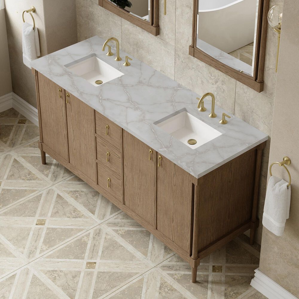 James Martin Kinnsden 72" Double Bathroom Vanity in Weathered Oak with 3 cm Victorian Silver Silestone Top and Rectangular Sinks, , large